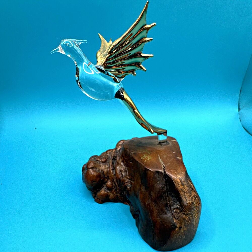 MCM Style Hand Blown Glass Pheasant Game Bird Sculpture Burlwood Base Signed 5”